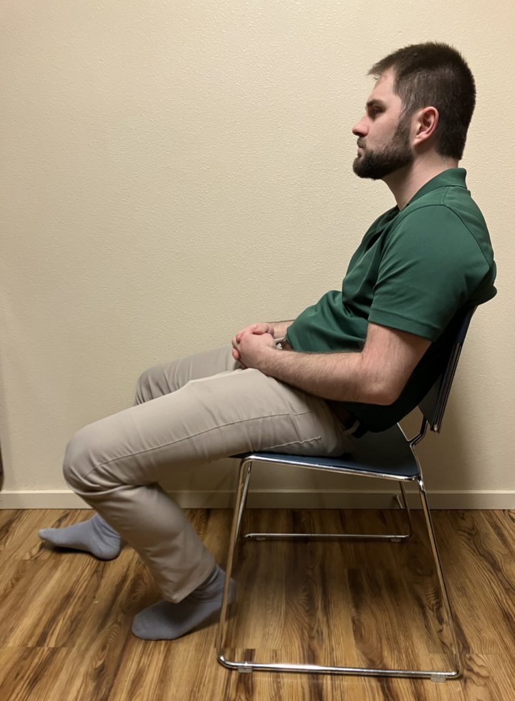 Sitting, Neck forward, slouching, pelvis tilted backward, feet unbalanced